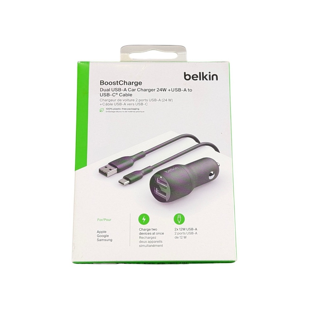Cc8O Belkin USB-A Dual Car Charger 24W w/ USB-C Cable -‎ Black